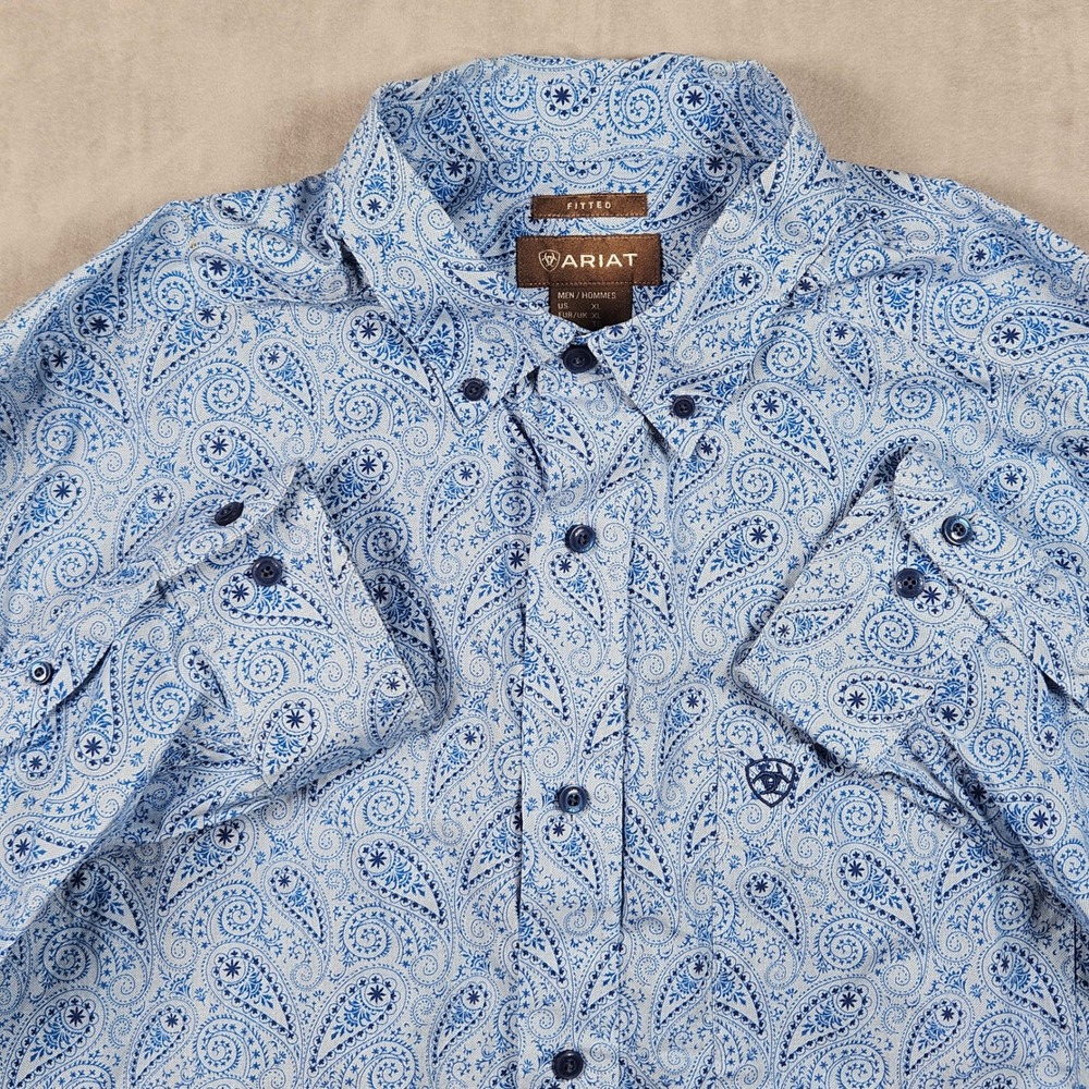 Ariat  Blue Paisley Shirt Mens XL‎ Fitted Western Button Down Pocket Embroidered